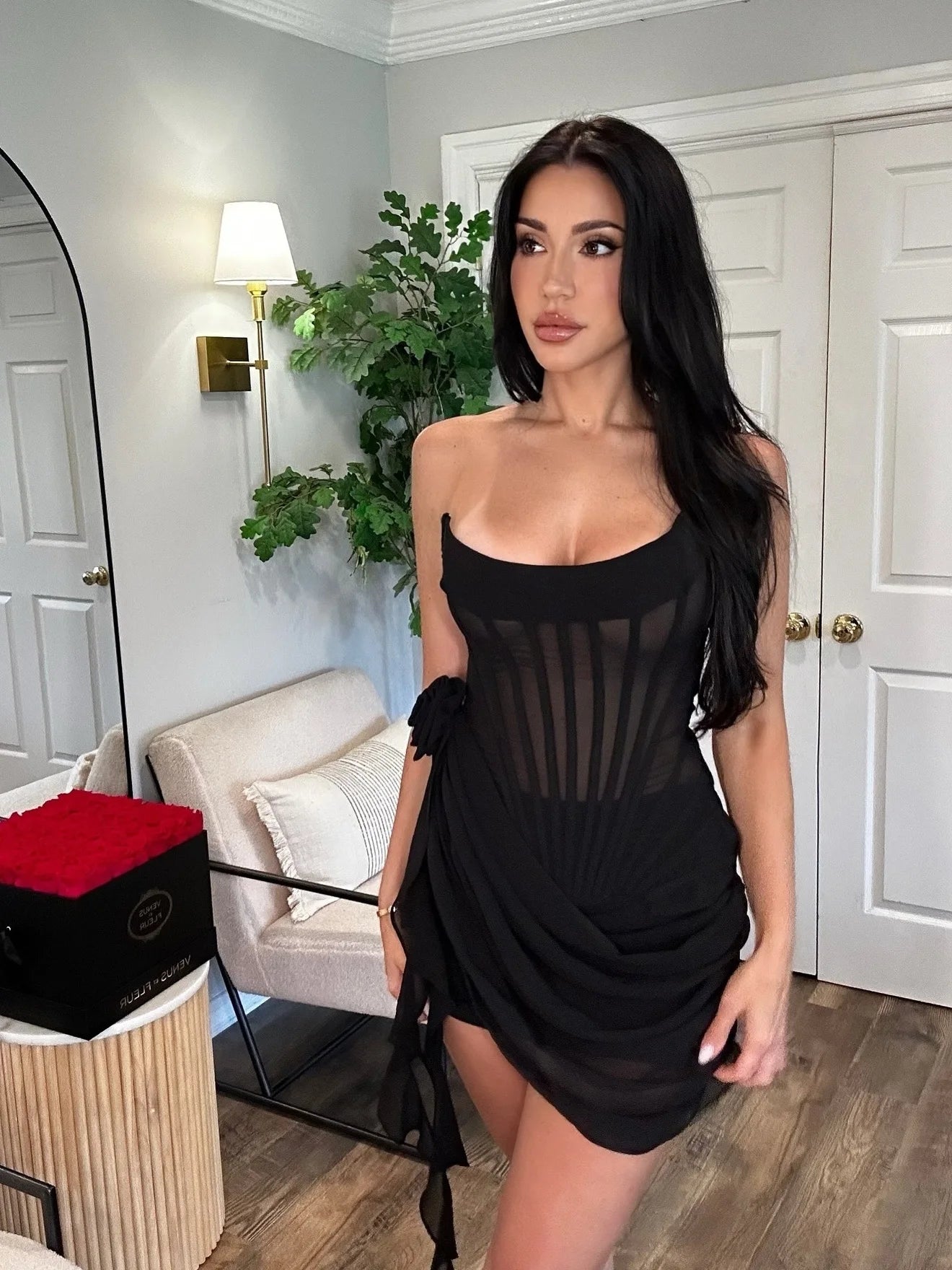 Articat Sexy Strapless Bandage Double-layer Mesh Patchwork Dress Women Perspective Tight Flower Ribbon Vestidos Party Clubwear