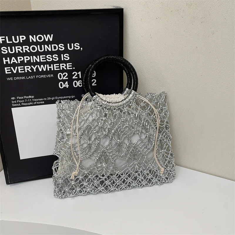 MOODS Handmade Woven Design Round Handle Handbags For Women Eco-friendly Craft Paper Hollow-out Luxury Designer Top-handle Bags