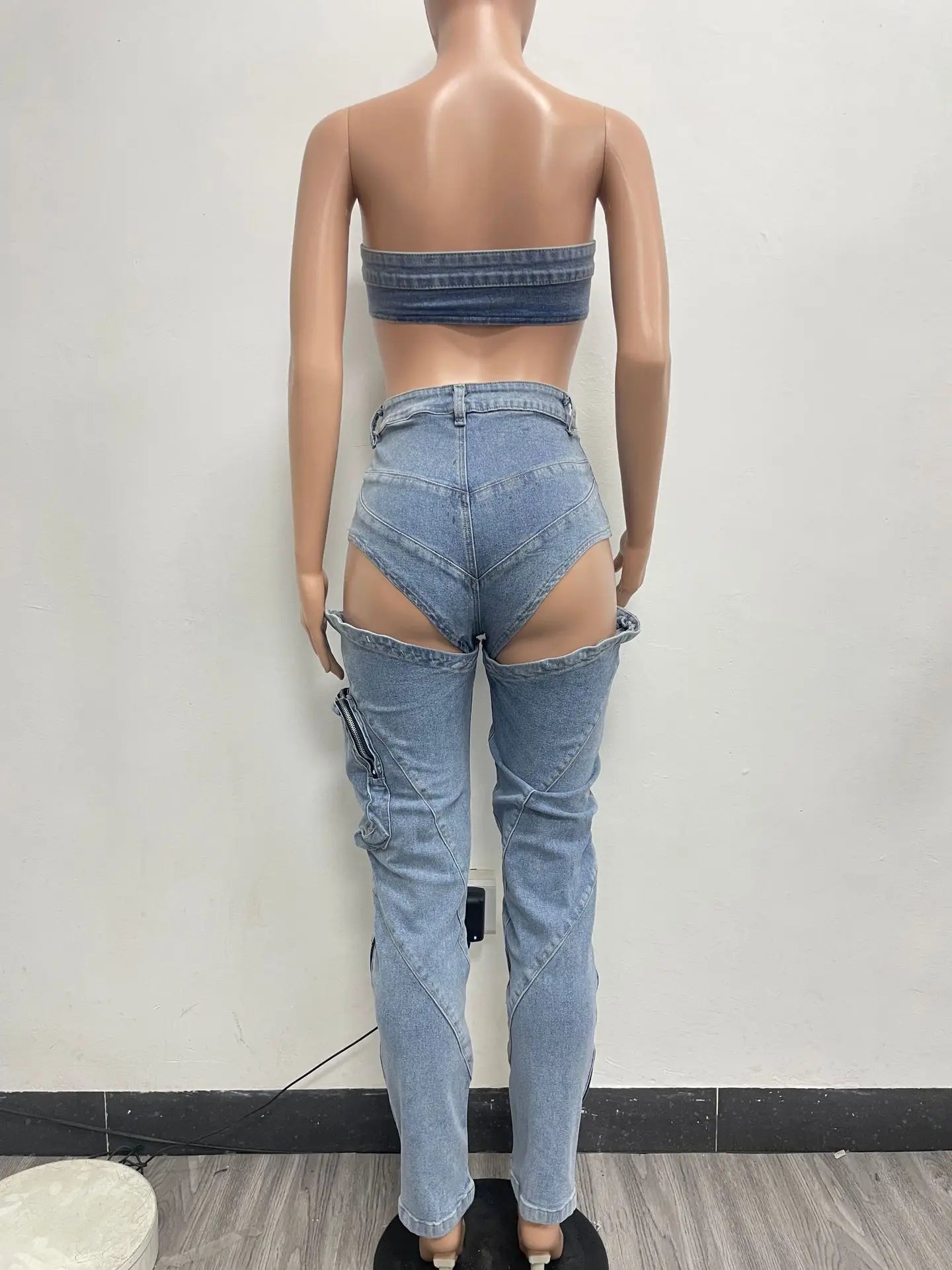 Denim Pants Sets for Women 2024 Sexy Streetwear Two Piece Set Outfits Chest Wrap Sleeveless Backless Top Hollow Out Jeans