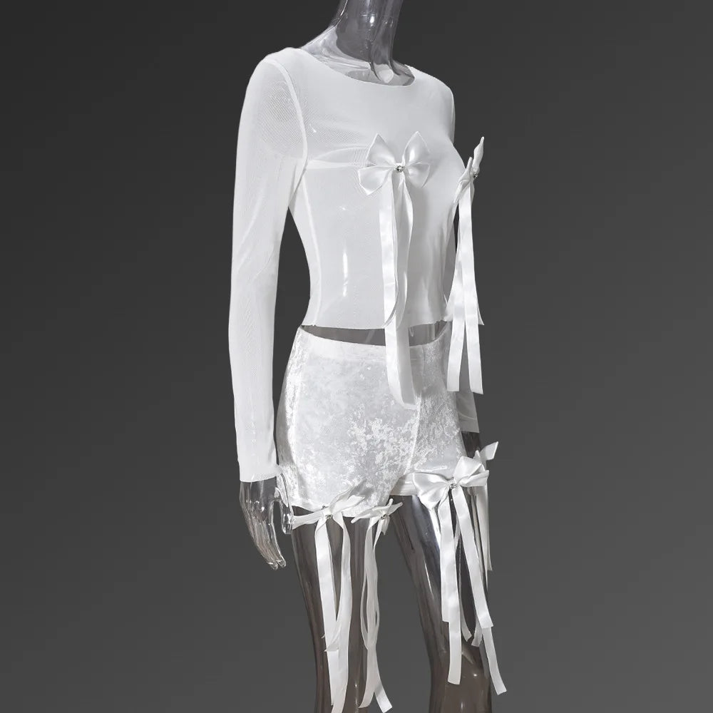 CM.YAYA Women's Set Bow O-Neck Mesh Long Sleeve Tops + Velvet Shorts Suits Streetwear Sexy Two 2 Piece Outfits Tracksuits Summer