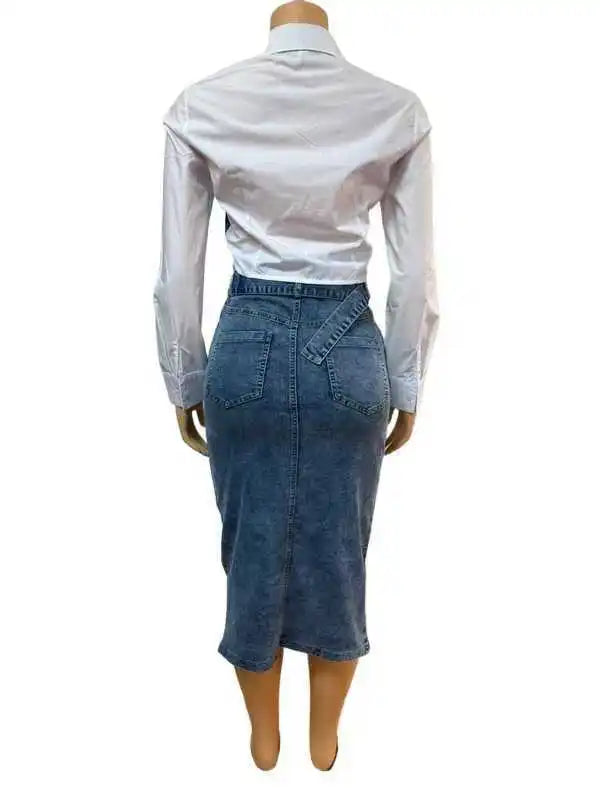 Denim Skirt Suit Women 2 Piece Sets Shirt Patchwork Turn Down Collar Belt Pockets Overshirt Straight Skirts Distressed Outfits