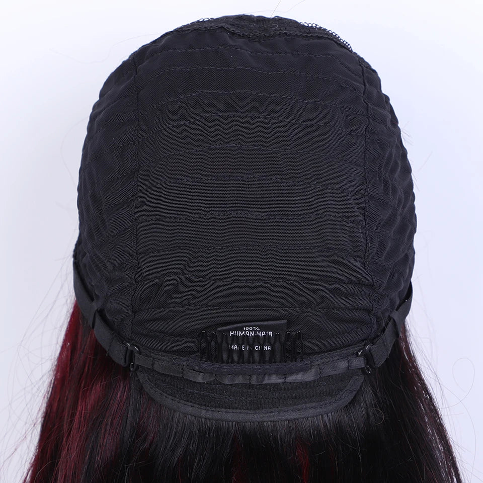 Lekker 24" Long Highlight Burg Red Bone Straight Human Hair Wigs With Bangs For Women Brazilian Remy Hair Full Machine Made Wigs