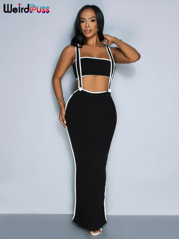 Weird Puss Summer Trend 2 Piece Set Women White Edging Strapless Tops+Shoulder Straps Dress Stretch Matching Streetwear Outfits