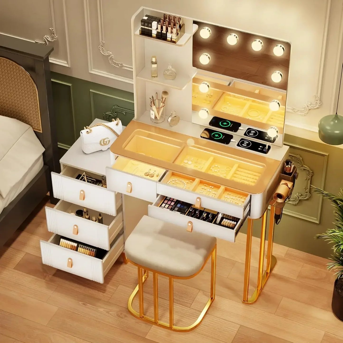 Makeup Vanity with Lights-Vanity Desk with 10 Light Bulbs&3 Color Lighting Modes-Dresser-Makeup Table with Mirror and Chair