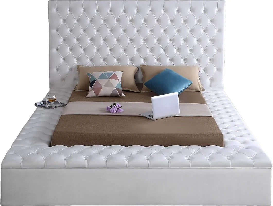 Bliss Collection Modern Contemporary Velvet Upholstered Bed with Deep Button Tufting and Storage Compartments White Queen
