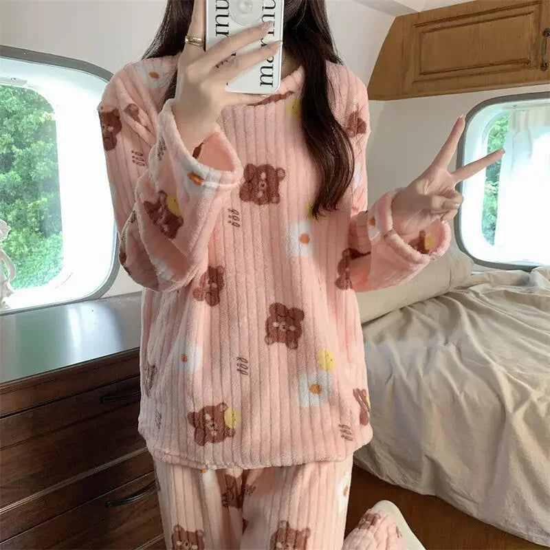 Coral Fleece Women Pajama Set Warm Winter Sleepwear Cozy Loungewear Bear Peach Print Nightwear Christmas Gift for Girls