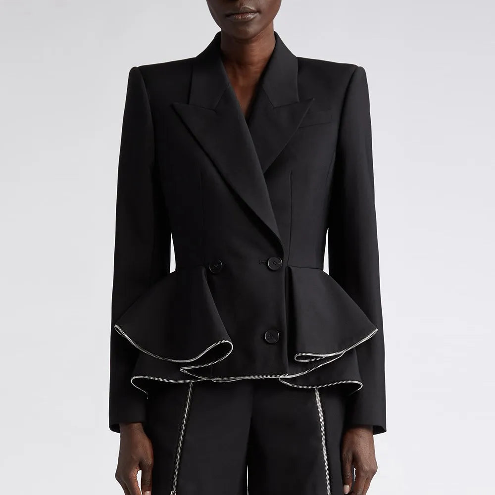 TWOTWINSTYLE Solid Spliced Ruffles Blazers For Women Notched Collar Long Sleeve Patchwork Button Casual Blazer Female Clothing