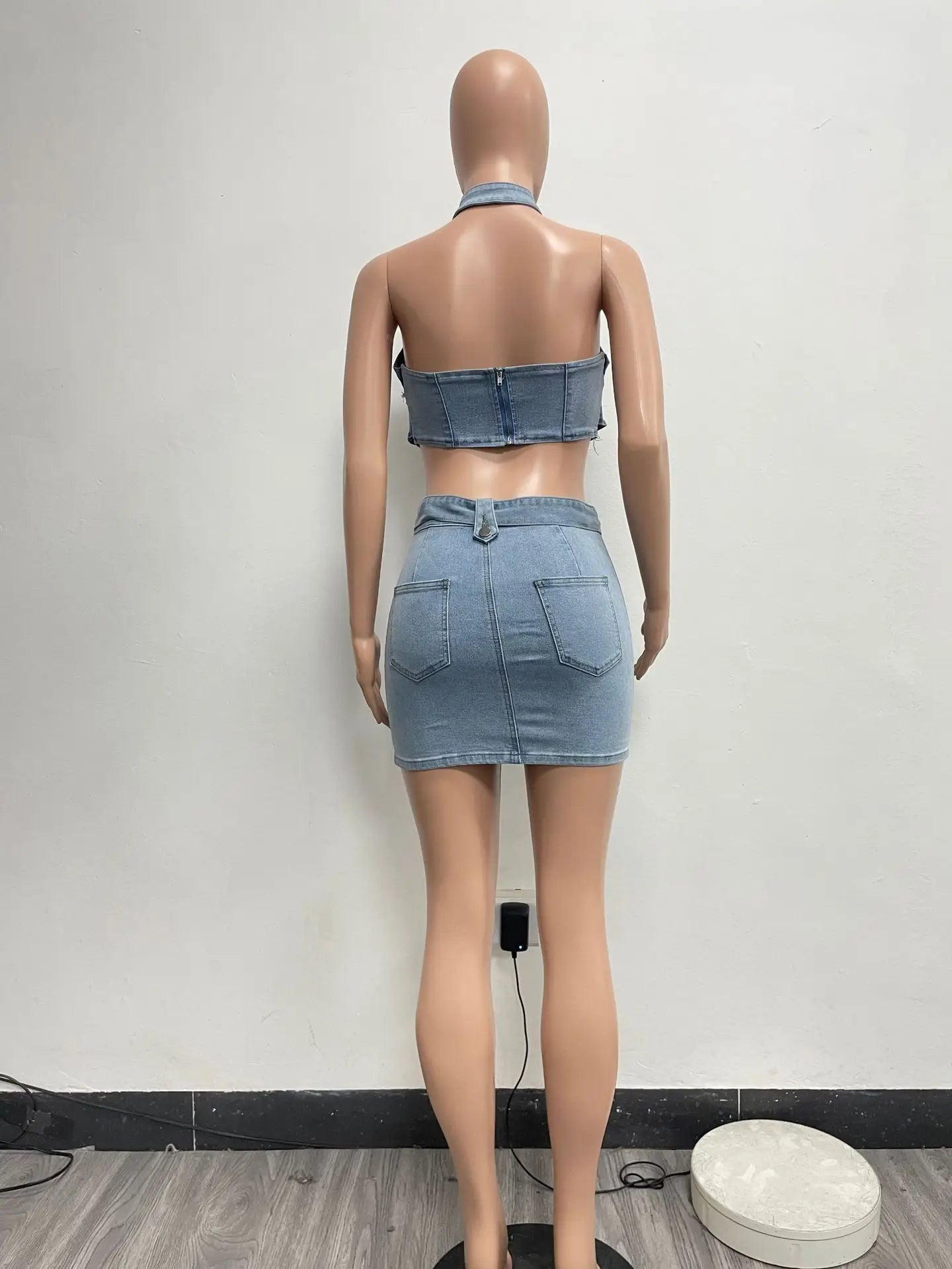 Denim Dress Sets Mini Wrap Buttocks Dress Slim Sheath Solid Two Pieces Sashes Sexy Pullover Tops Washed High Street Spliced