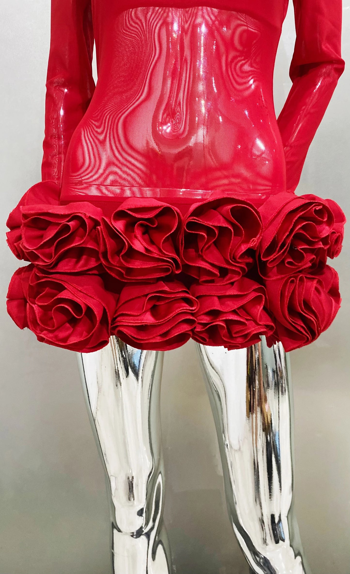 2024 New Sexy Mesh See through Stereoscopic Flowers Red Mini Evening Dress Sweet Woman Birthday Party Dress Performance costume