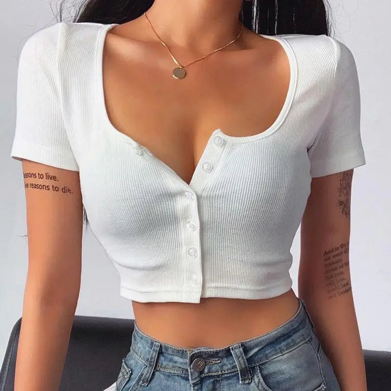 90S Vintage Y2k Cropped Top Woman Korean Fashion Kpop T-shirt Women Buttons Skinny Sexy White Knit Tee Shirt Japanese Clothes