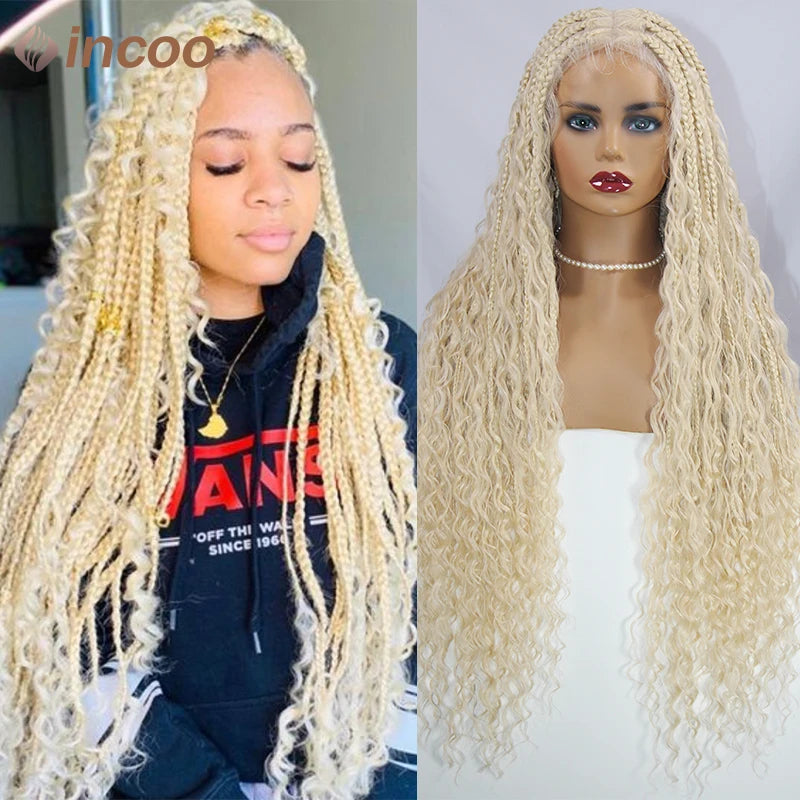 Boho Box Braided Wigs Curly Hair Synthetic Full Lace Front Wigs for Black Women Goddess Locs Braid Wig Bohemian Box Braid Wig
