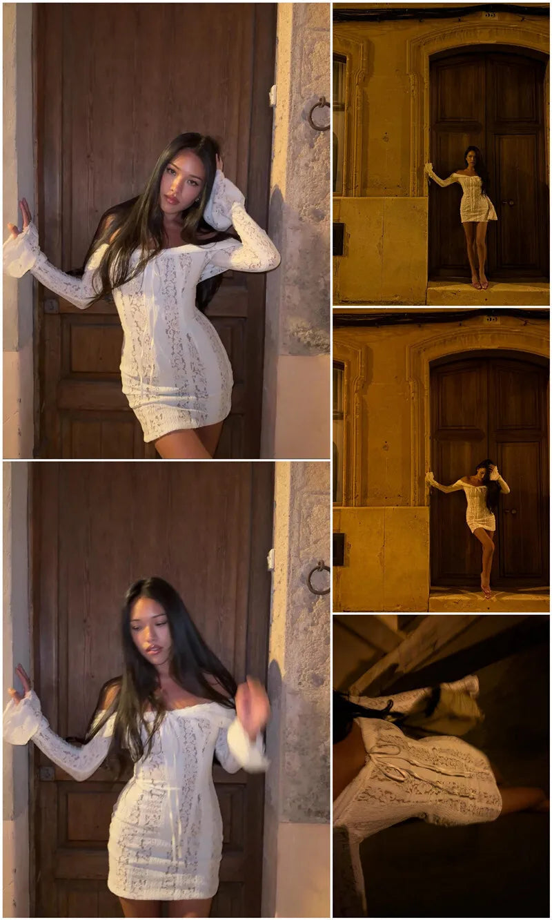 Mozision Floral Lace Off-shoulder Maxi Dress For Women White Strapless Backless Long Sleeve Bodycon Club Party Sexy Long Dress