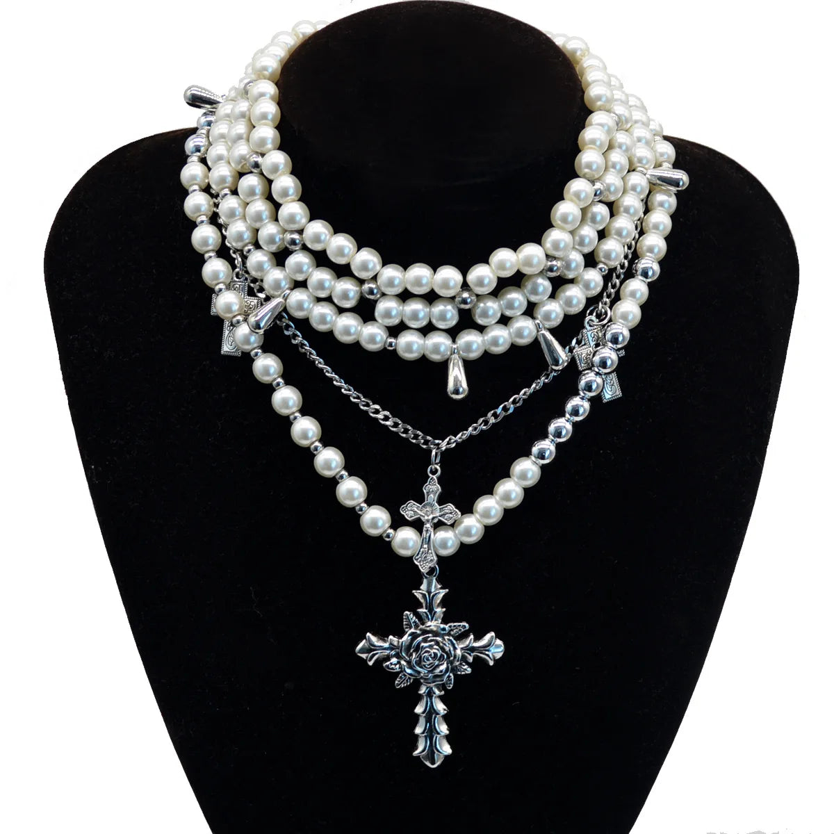 Goth Rose Flower Imitation Pearl Bead Cross Pendant Necklace for Women Multilayer Pearl Chains Aesthetic Vintage Luxury Jewelry