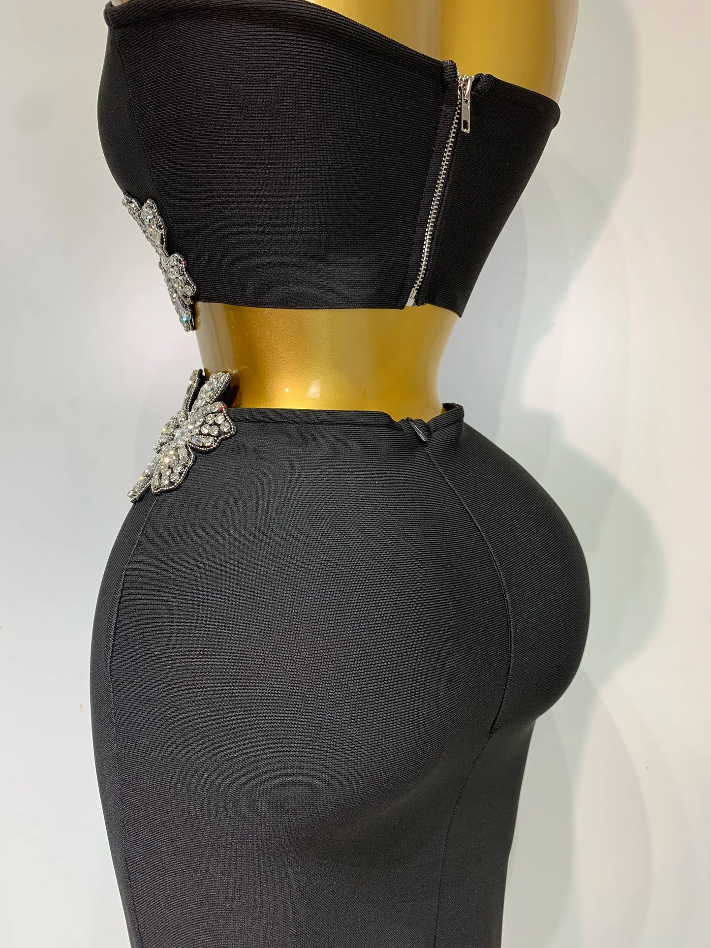 Women Sexy Strapless Flower Diamonds Black Maxi Long Bandage Two Piece Set 2025 Knitted Elegant Evening Club Party Prom Gowns