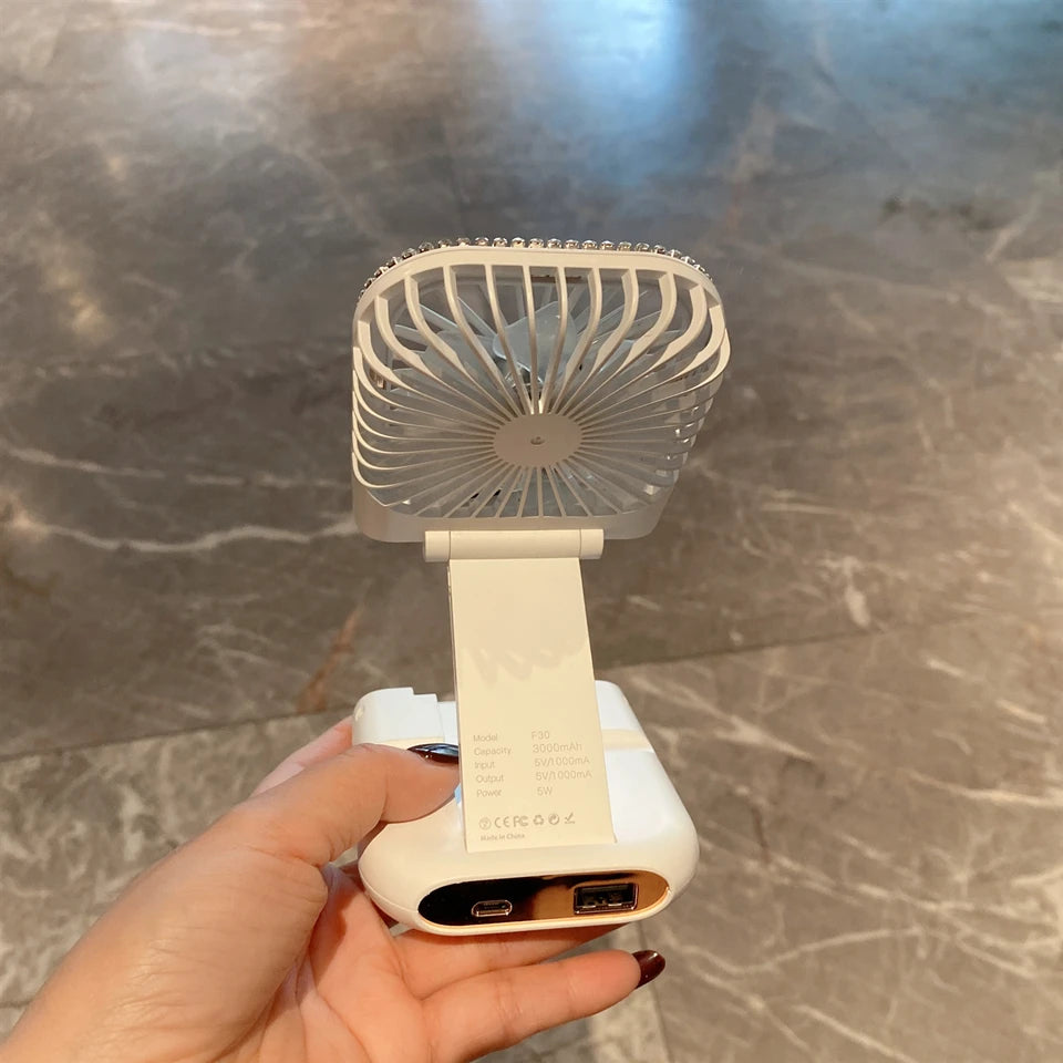 USB Folding Portable Mini Charging Small Fan Rhinestones Handheld Desktop Stand for Student Office Universal Cooling Ventilador