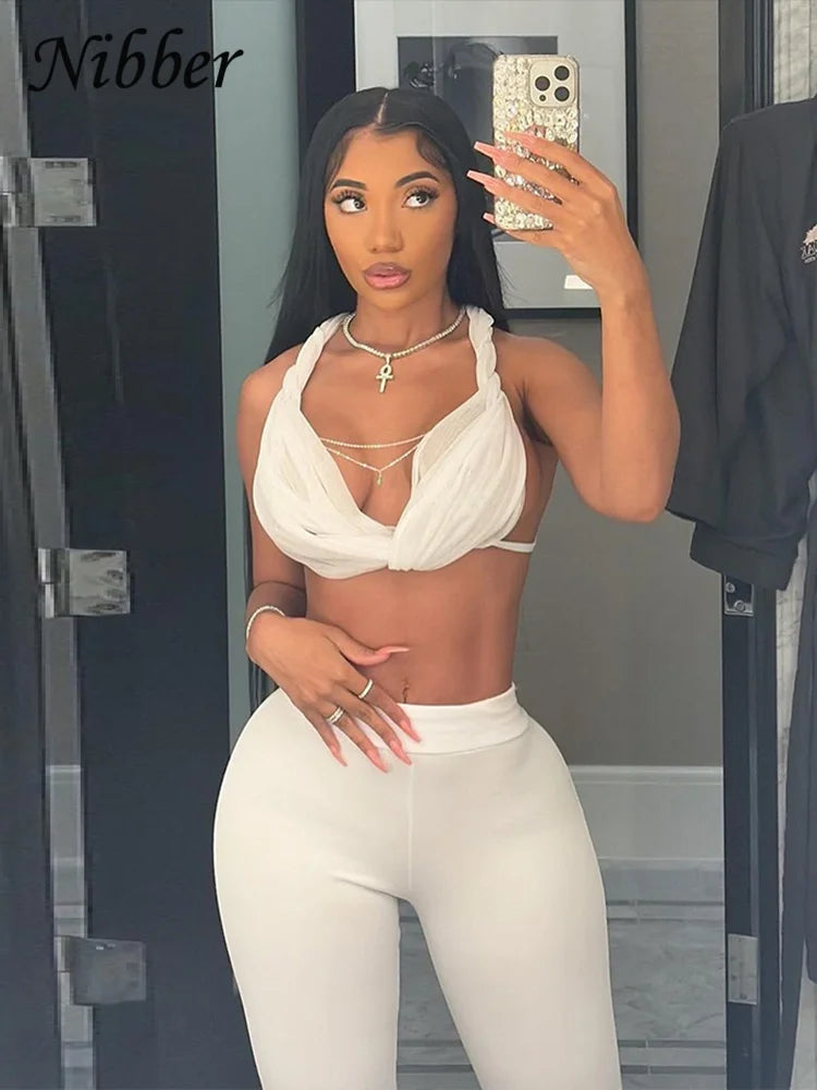 Nibber Sexy See Through Women 2 Piece Set Summer Trend Mesh Thin Whip Halter Tank Tops+Wide Waist Shorts Matching Street Outfits