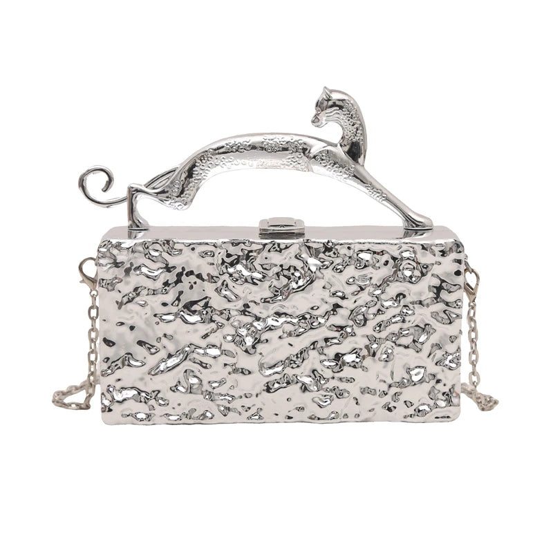 Leopard handle Luxury Gold Silver Party Evening Bag For Women Chain Clutch Handbags And Purses Mini Crossbody Shoulder Phone Bag