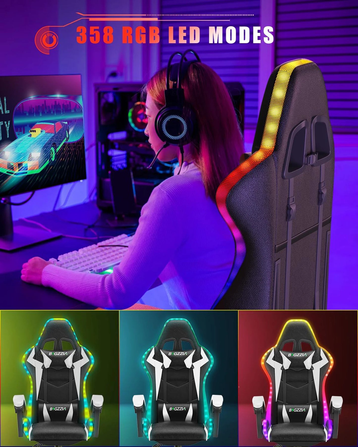RGB Gaming Chair LED Lights Ergonomic Computer Chair Reclining PU Leather High Back Video Game Chair Adjustable Lumbar Support