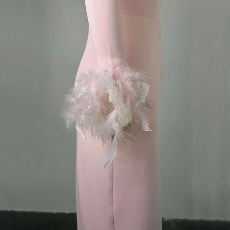 New Arrival Women Sexy High Waisted Long Sleeve Feather Trim Split Bandage Dress OL 2025 Elegant Evening Club Party Dresses