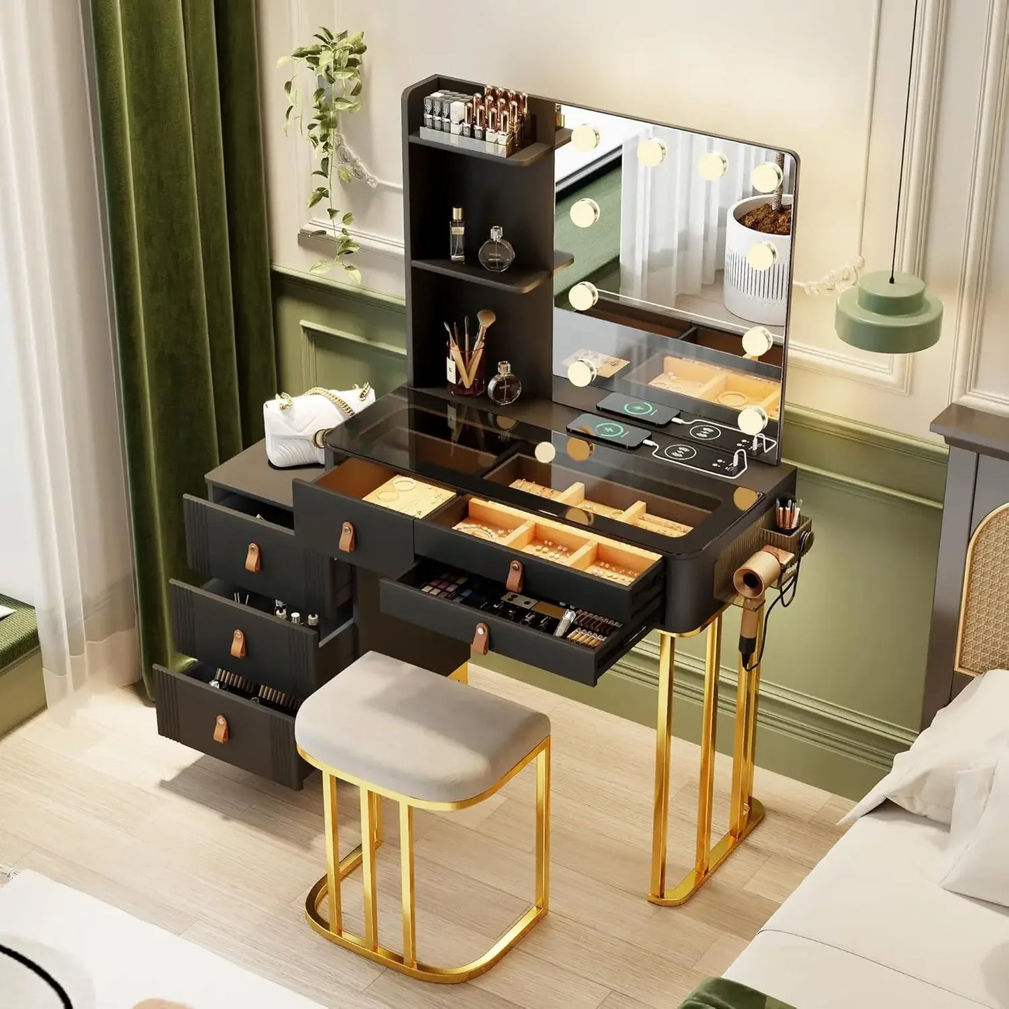 Makeup Vanity with Lights-Vanity Desk with 10 Light Bulbs&3 Color Lighting Modes-Dresser-Makeup Table with Mirror and Chair