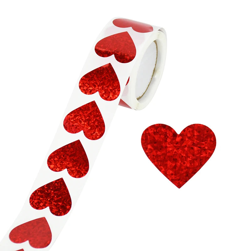 300Pcs/roll Sparkle Heart Stickers Red Love Scrapbooking Adhesive Sticker for Valentines Day Wedding Gift Box Bag Decoration 1''