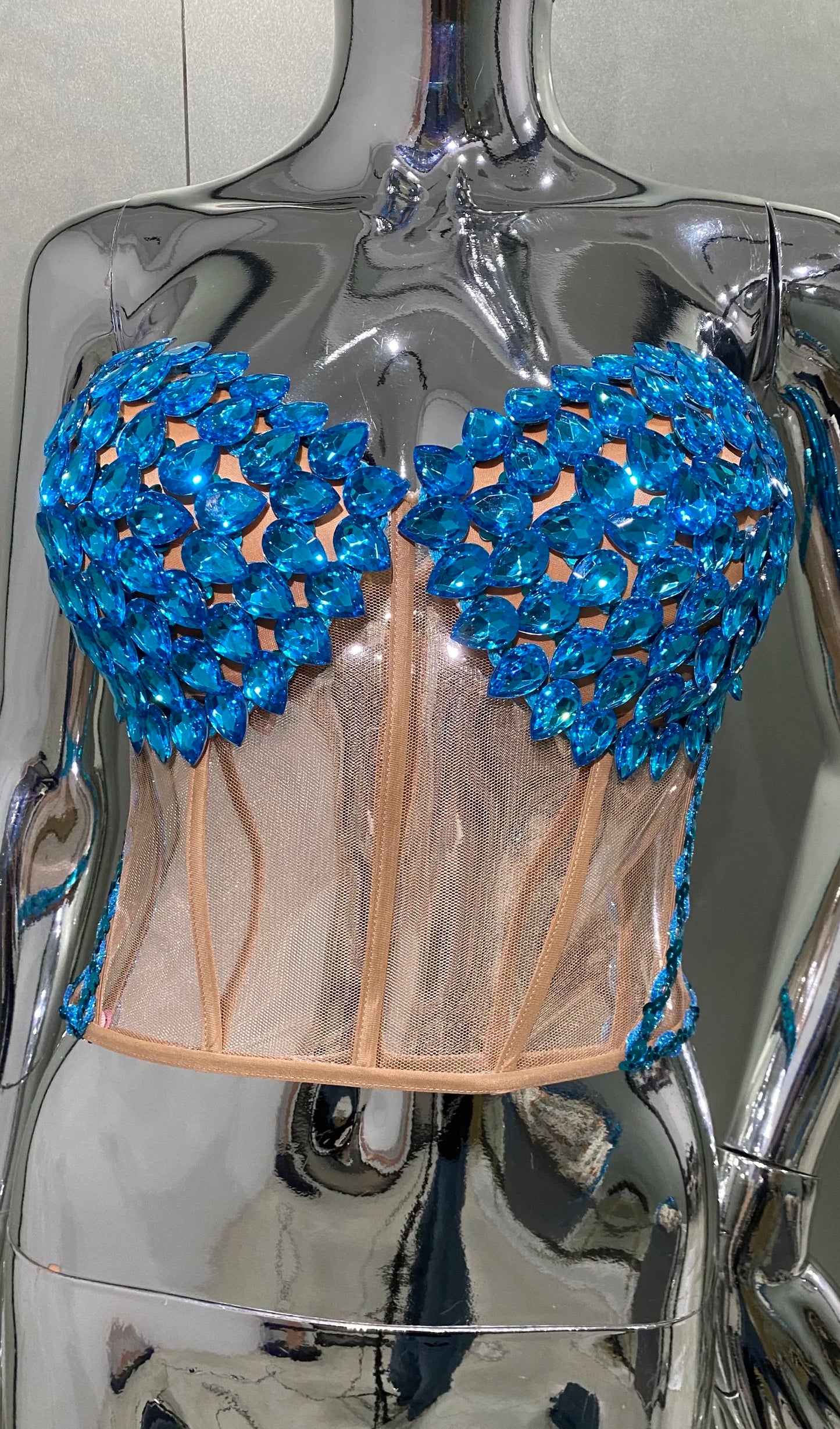 Blue Sequins Shining Diamonds Long Tassel Sleeveless Mini Dress 2 Pieces High Quality Birthday Party Outfit Performances Costume