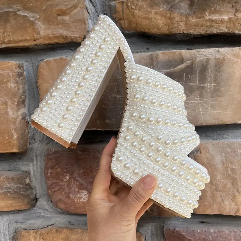 Luxury Handmade Full Rhinestones Platform Wedges Women Slippers Sandals Fashion Summer High heels Mules Slides Chunky Shoes