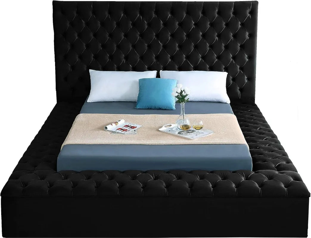 Bliss Collection Modern Contemporary Velvet Upholstered Bed with Deep Button Tufting and Storage Compartments and Footboard