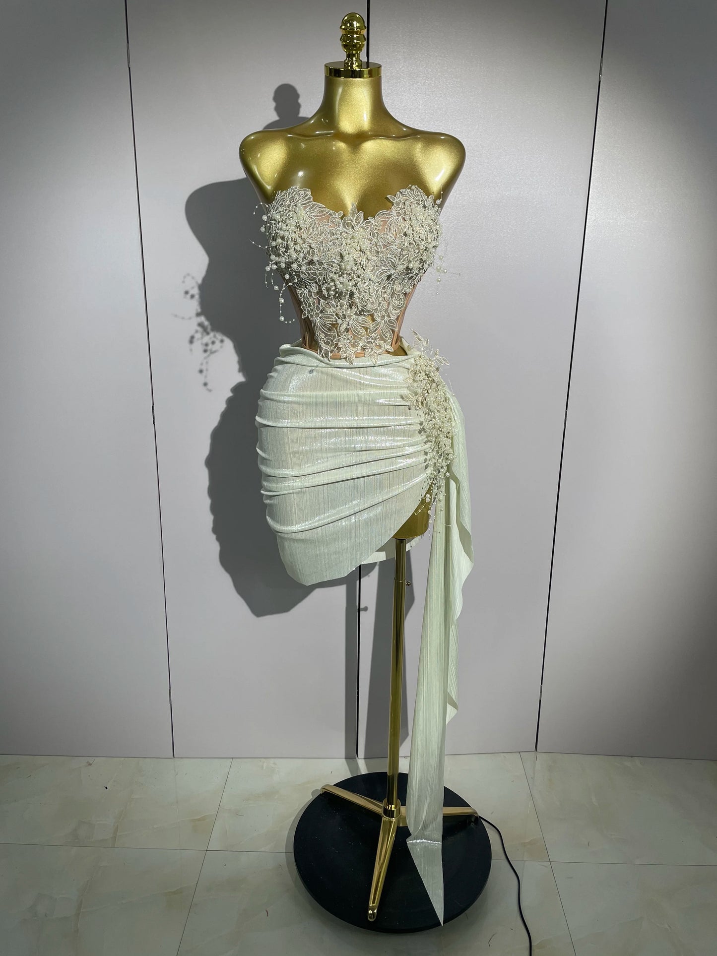 STOCK Luxury Shining Pearls Sexy Asymmetrical Skirt 2 PCS Set 2025 Women Evening Birthday Party Stage Dancer Performance Costume