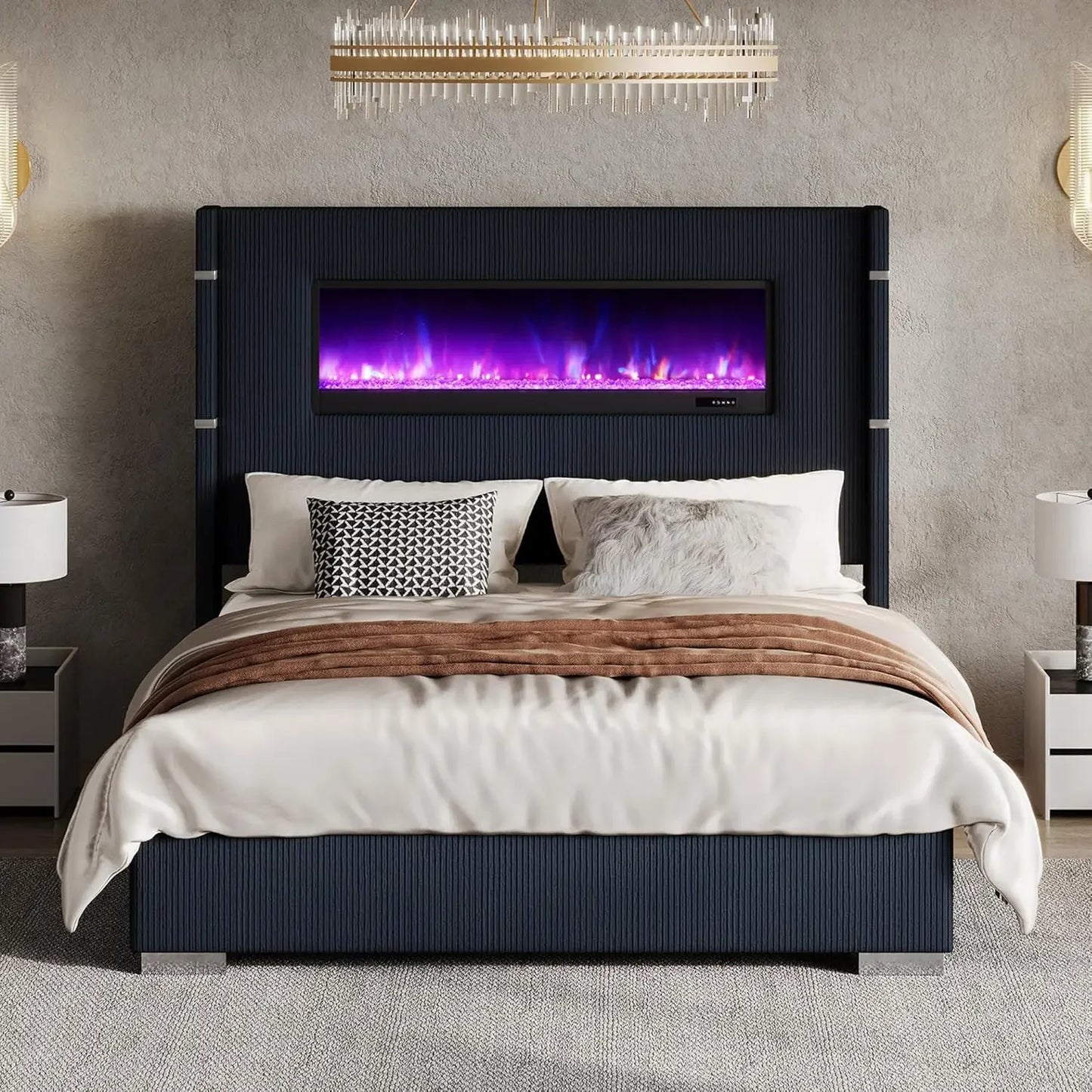 Bed Frame with Fireplace,Wingback Platform Bed Frame with 60.4“ Extra Tall Headboard,Corduroy Upholstered Bed Frame Wooden Slats