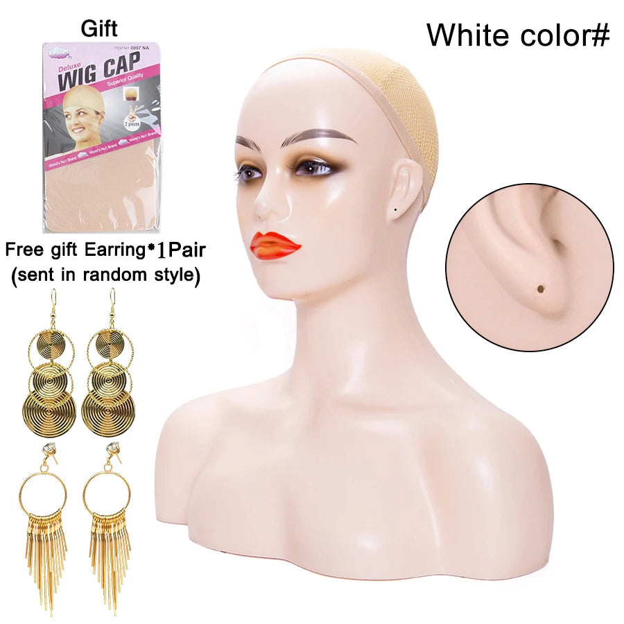 Female Mannequin Head With Shoulder Manikin Head Bust Wig Head Stand With Makeup For Wigs Display Necklace Free Earrings,Wig Cap