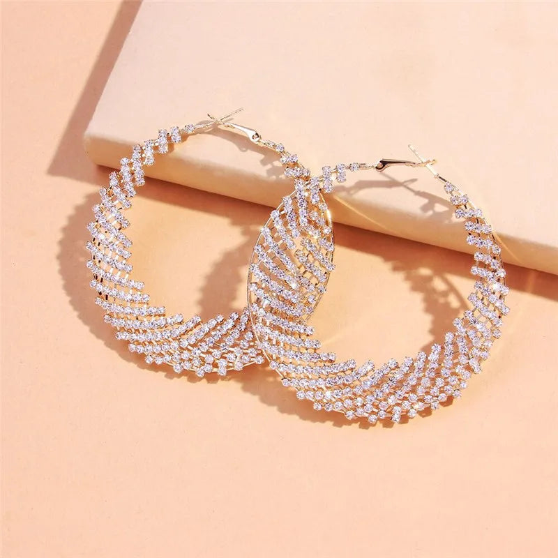 Exaggerate Big Hoop Earrings for Women Full Rhinestone Fashion Round Crystal Hanging Earrings Festival Accessories