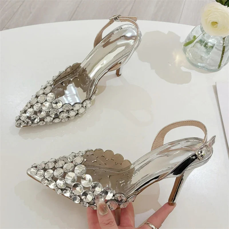 Eilyken Sexy Pointed Toe Women Pumps Elegant Crystal PVC Transparent Thin High Heels Slingback Party Prom Female Shoes