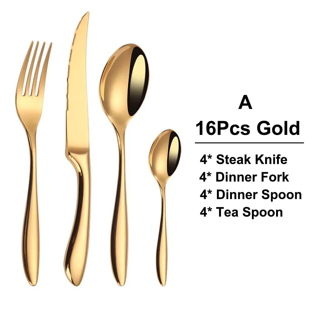 6/16/20/24Pcs Gold Tableware Stainless Steel 304 Cutlery Set Western Dinner Set Mirror Knife Fork Spoon Smooth Handle Flatware