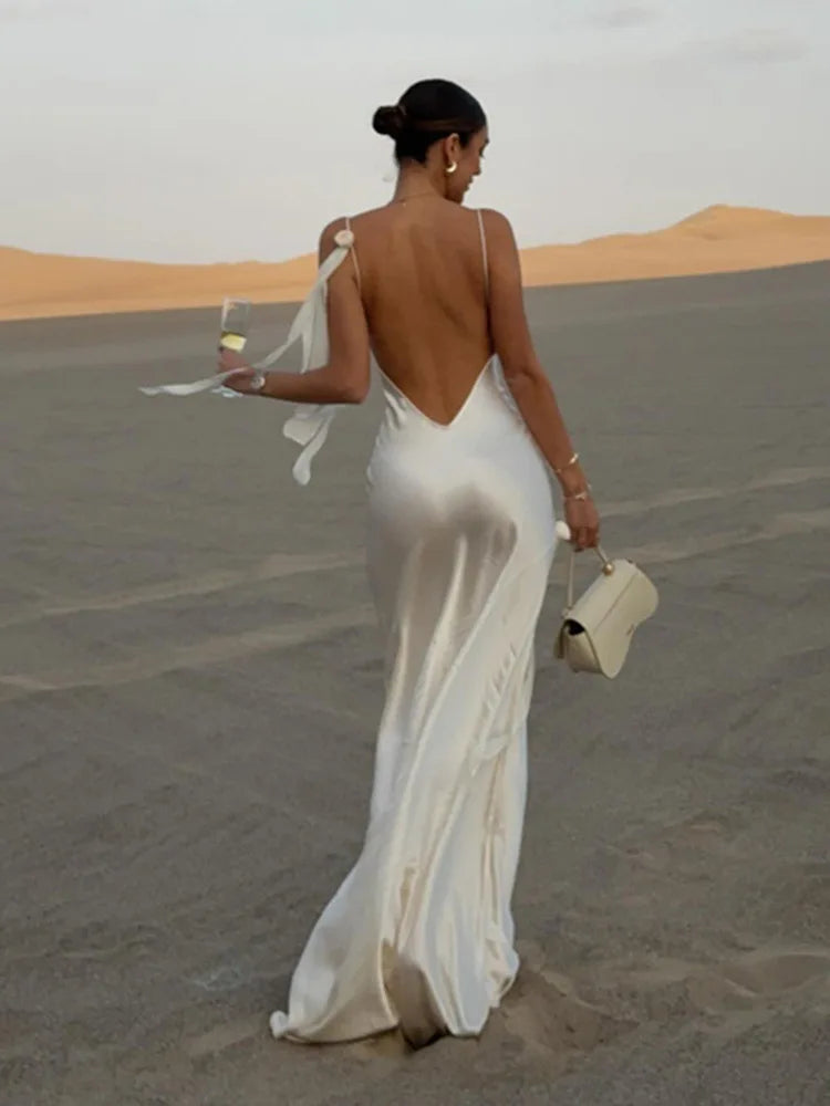 Sexy Ladies Lace Satin Dress Fashionable Elegant Backless Long Skirt 2025 New Party Evening Dress Dress Beach Vacation Style