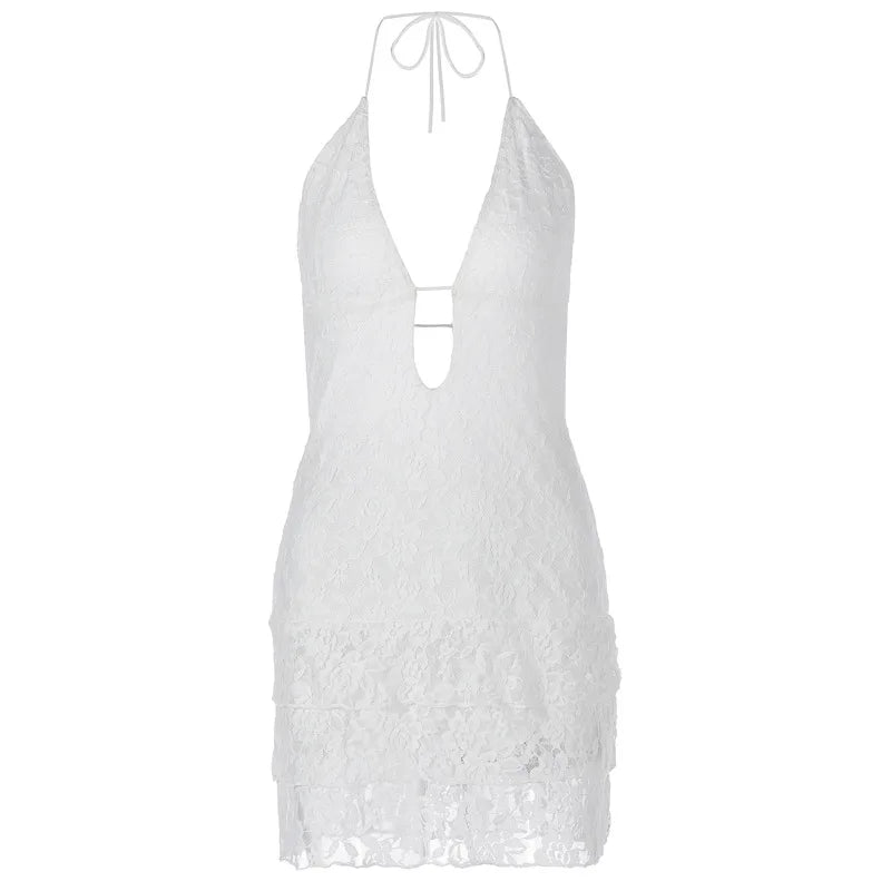 Articat 2024 Summer New Sexy Hollow Out Lace Up Hanging Women Dress Temperament Vestido Short Skirt Slim Party Vacation Beach