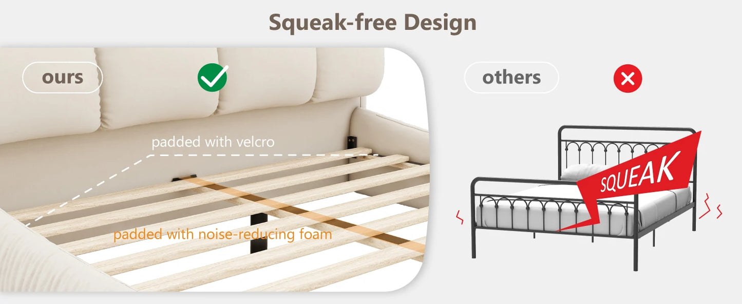 King Size Platform Bed with Overstuffed Padded Headboard,Faux Leather Upholstered Solid Wood Frame Cloud Bed, Squeak-Free,Beige