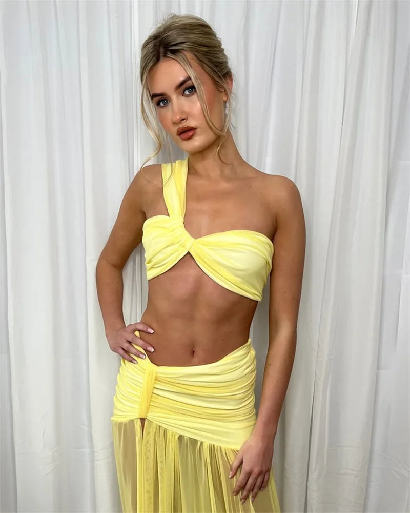 Mozision Summer Sexy Skirt Two Piece Sets Women One Shoulder Crop Top And Maxi Skirt Female Elegant Beach Club Party 2 Piece Set