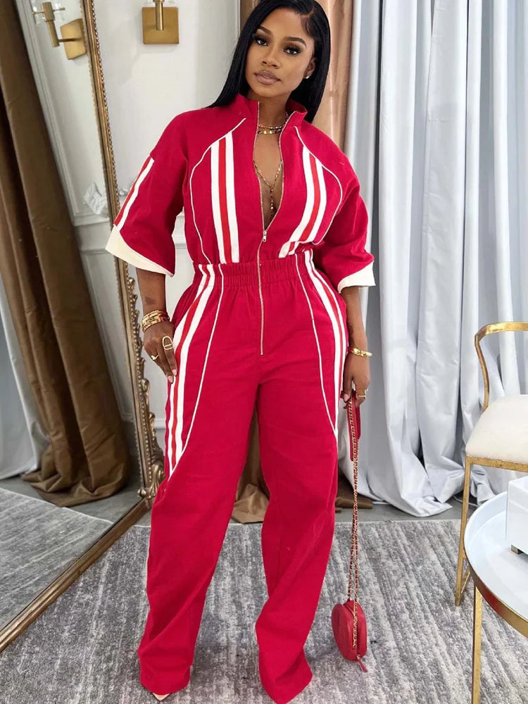 Beyprern Bragging Rights Jumpsuit For Women Runway Short Sleeve Zipper Front Striped Jumpsuit Fitted Romper Club Overalls Outfit