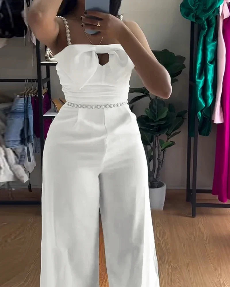 Spring New Jumpsuit Women Bandeau Beaded Spaghetti Strap Bowknot Design Ruched Slim Fit Elegant Wide-Leg Overall Female Jumpsuit