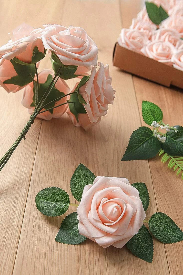 Artificial Flowers 25pcs Real Looking Blush Foam Fake Roses with Stems for DIY Wedding Bouquets Bridal Shower Centerpieces