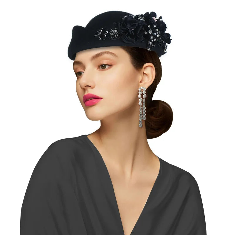 Elegant Felt Turban Hat Vintage Rhinestone Flower Church Beret Hat For Women Air Stewardess Party Cosplay Cap Costume Accessory