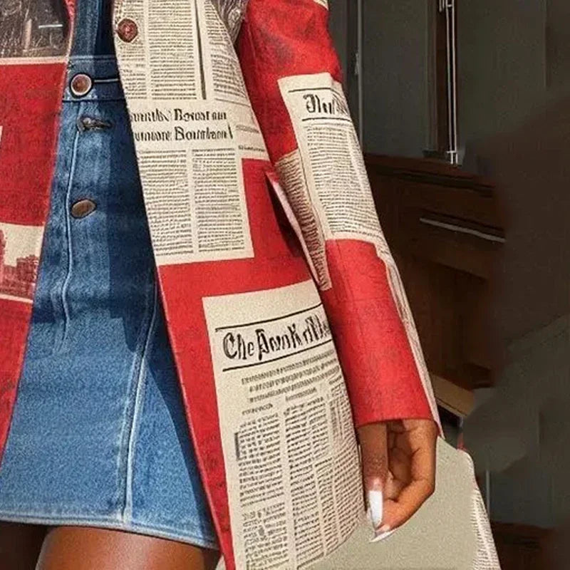 Yeezzi Women's Notched Collar Blazer 2025 New Spring Long Sleeves Fashion Newspaper Printed Urban Casual Streetwear Outerwears