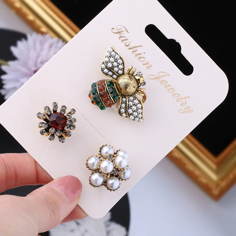 Korean 3pcs/set brooch pins bee pearl rhinestone brooch pins all-matching retro jewelry accessories for women