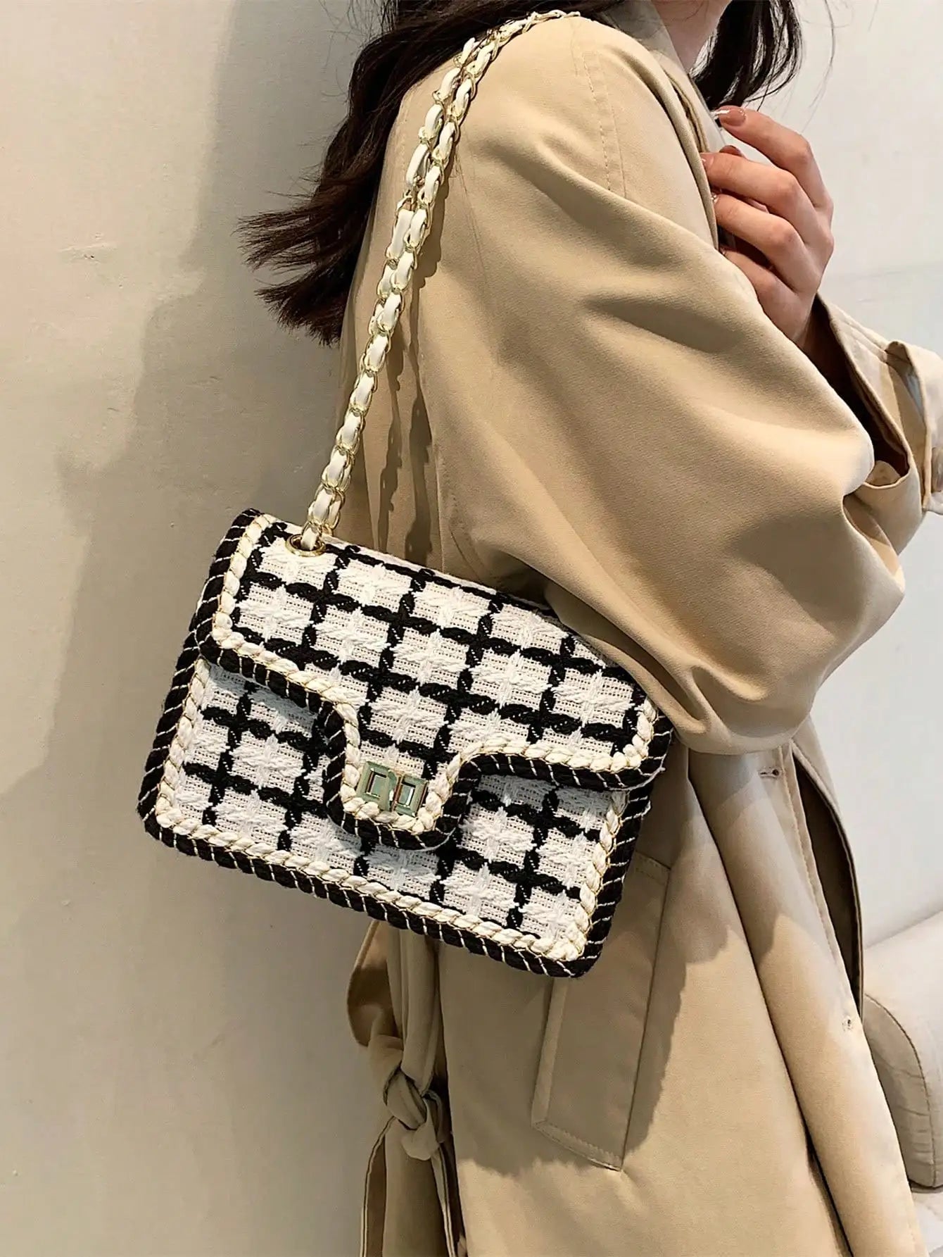 Black & White Plaid Casual Shoulder Bag Crossbody Handbag Women's Shoulder Bags Handbags With Top Handle Fashion Square Bag
