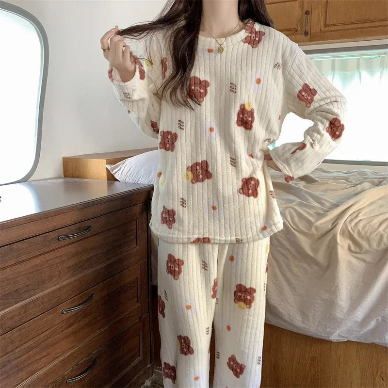 Coral Fleece Women Pajama Set Warm Winter Sleepwear Cozy Loungewear Bear Peach Print Nightwear Christmas Gift for Girls