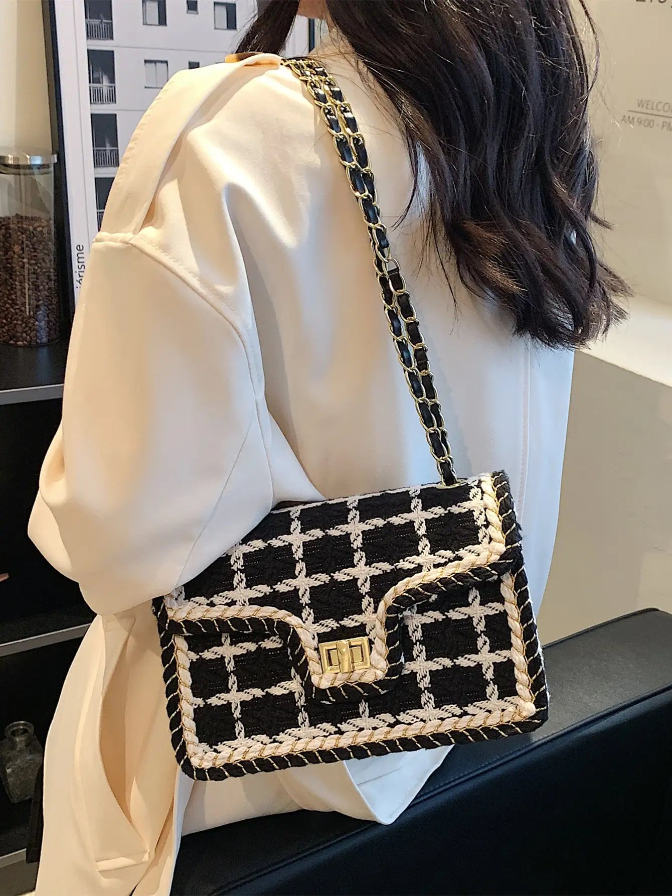 Black & White Plaid Casual Shoulder Bag Crossbody Handbag Women's Shoulder Bags Handbags With Top Handle Fashion Square Bag