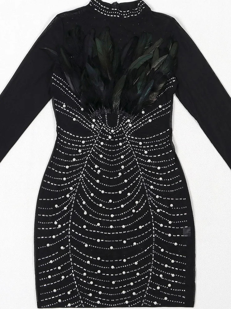 Beyprern Black Pearls Rhinestone Short Party Dress Luxury Women's Solid Color Mesh Beaded Sheer Feather Dresses Vestidos Robes