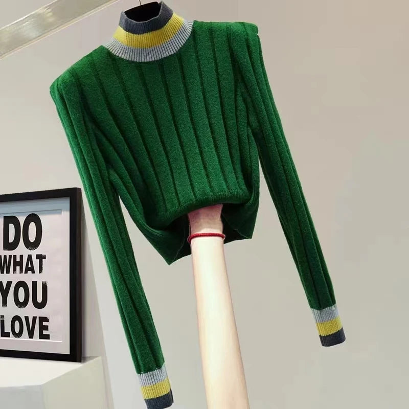 2024 Autumn Winter Turtleneck Striped Sweater Women Korean Style Womens Clothes Long Sleeve Knitted Crop Top Pullover Pull Femme