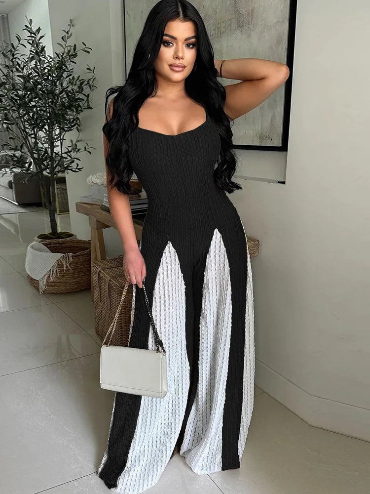 Beyprern Women's Patchwork Spaghetti Straps Knitted Wide Legs Jumpsuits One Piece Outfits Night Clubwear Female Workout Overalls